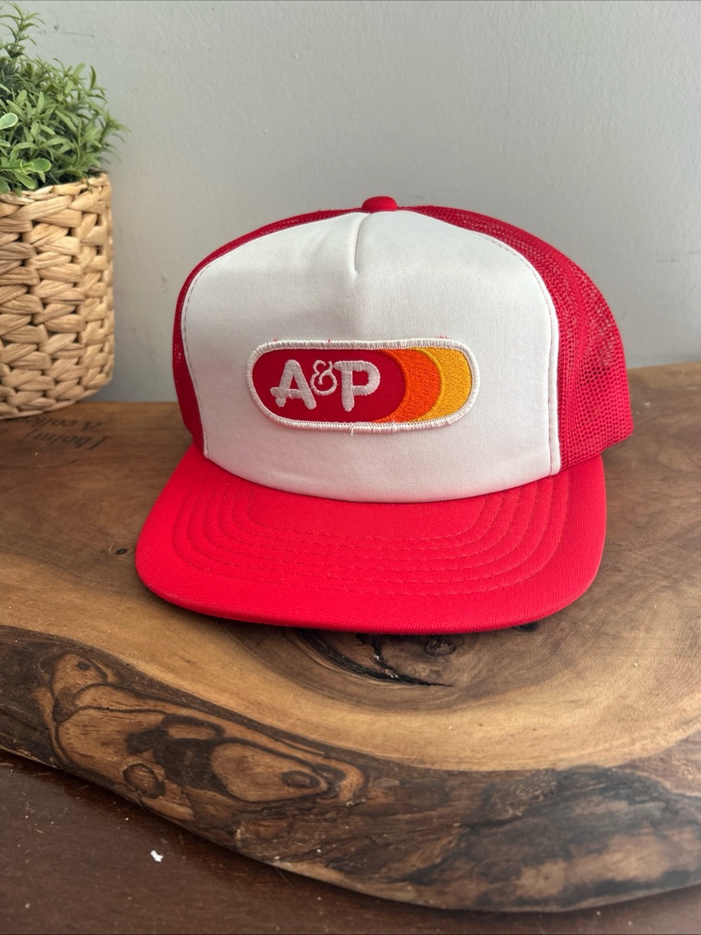 A&P grocery store employee trucker hat 1980s embroidered logo red & white
